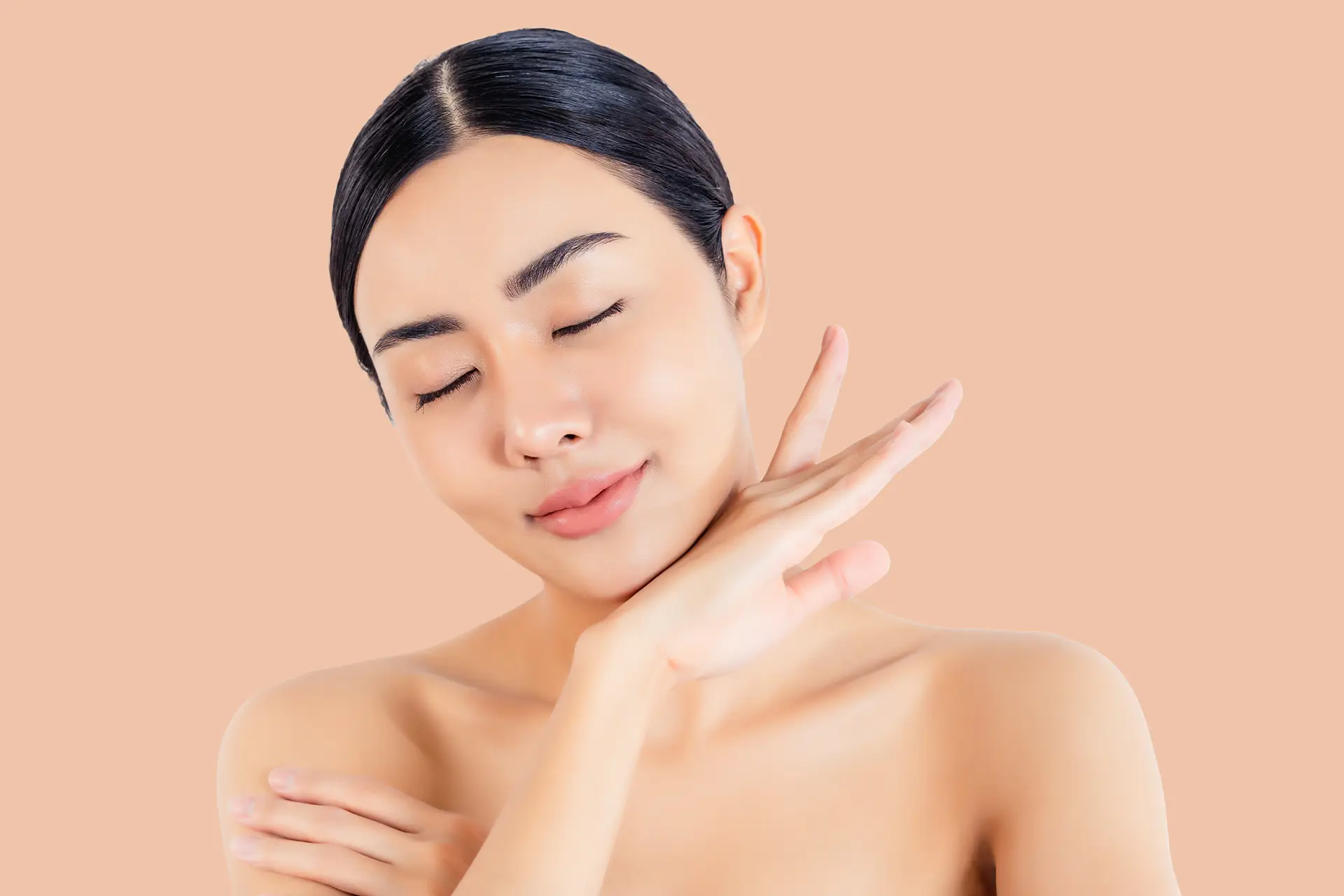 Ozhean Zoey Aesthetic Clinic, Beauty asian women touching under chin skin close up face beauty