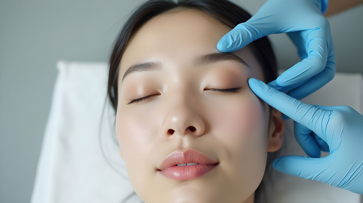 Close-up of aesthetic specialist assessing female patient's facial skin